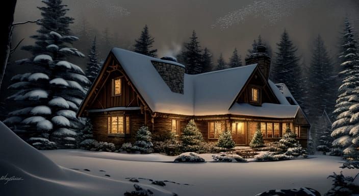 Cozy Winter Cottage Scene in Warm Oil Painting Style