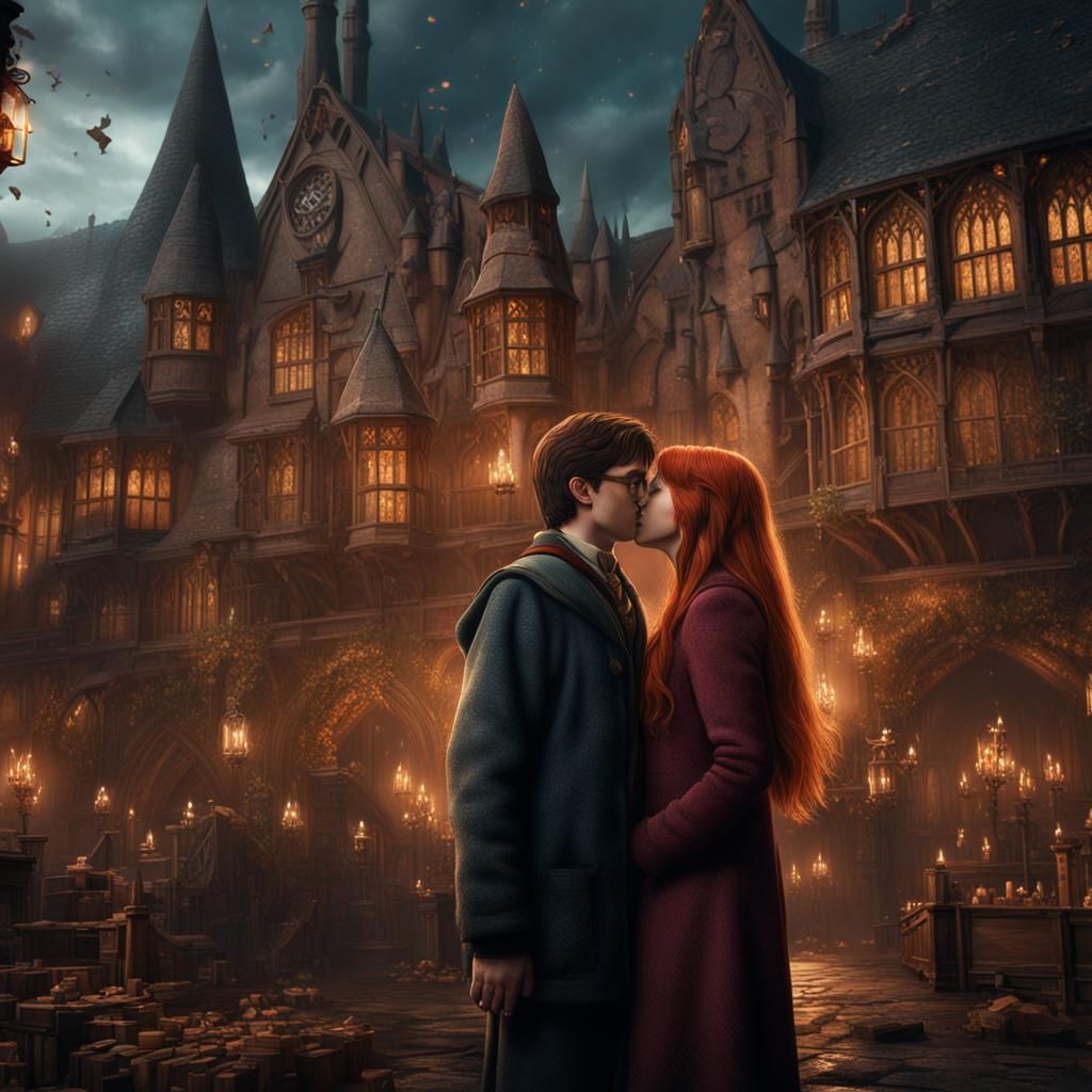 Harry Potter and Ginny Weasley Kissing: Detailed Digital Art