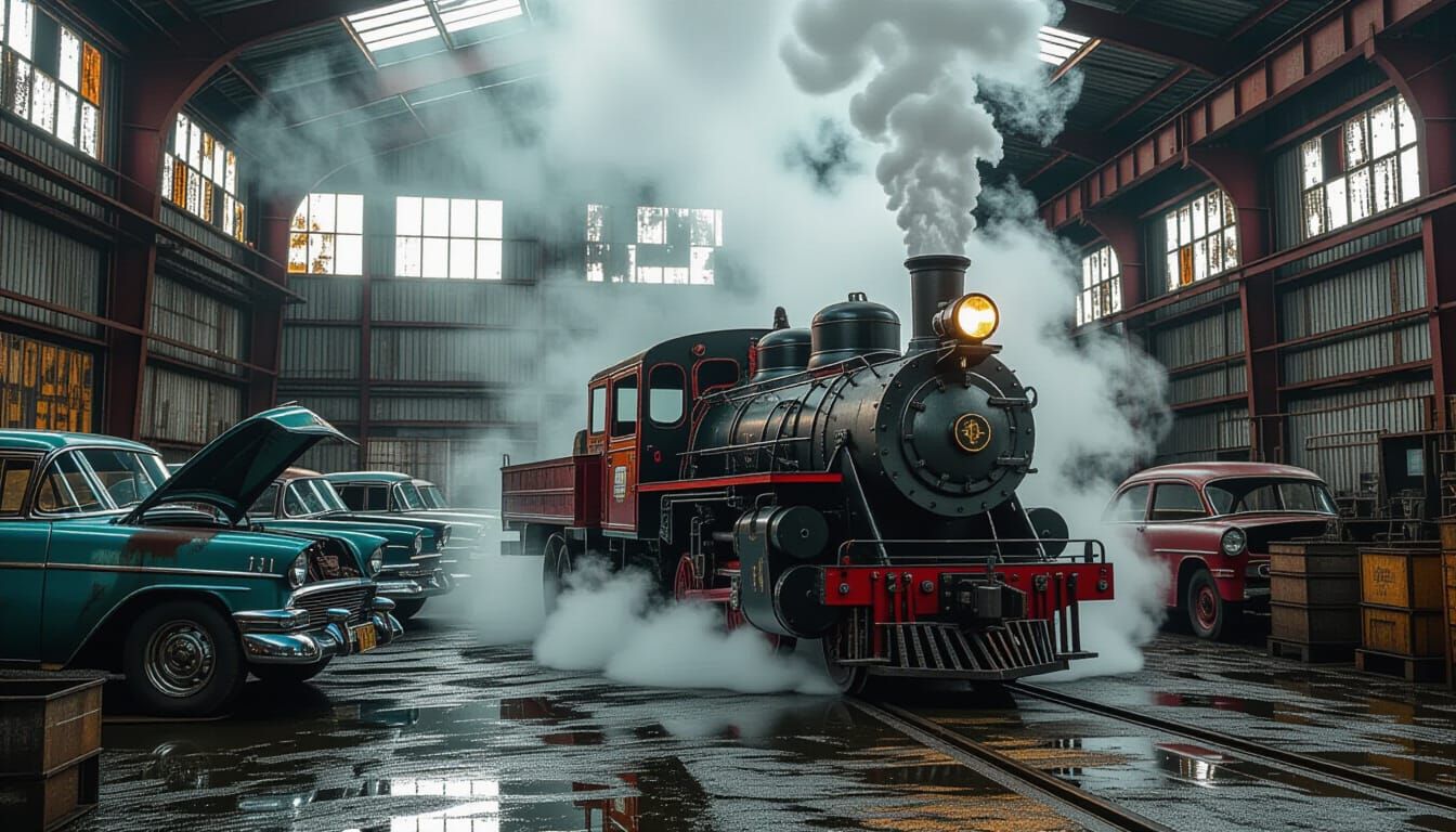 Industrial Steam Punk Holden Wreckage with Glowing Diesel En...