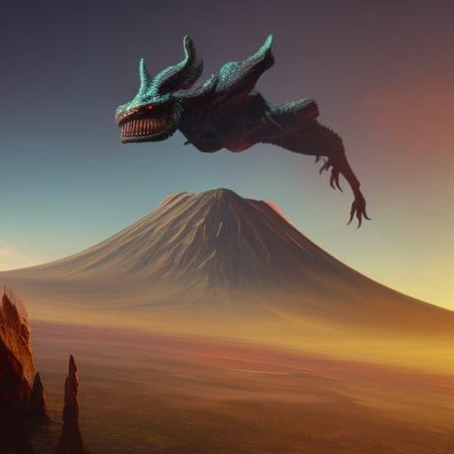 Flying Saucer over Volcano: Hyperdetailed Concept Art