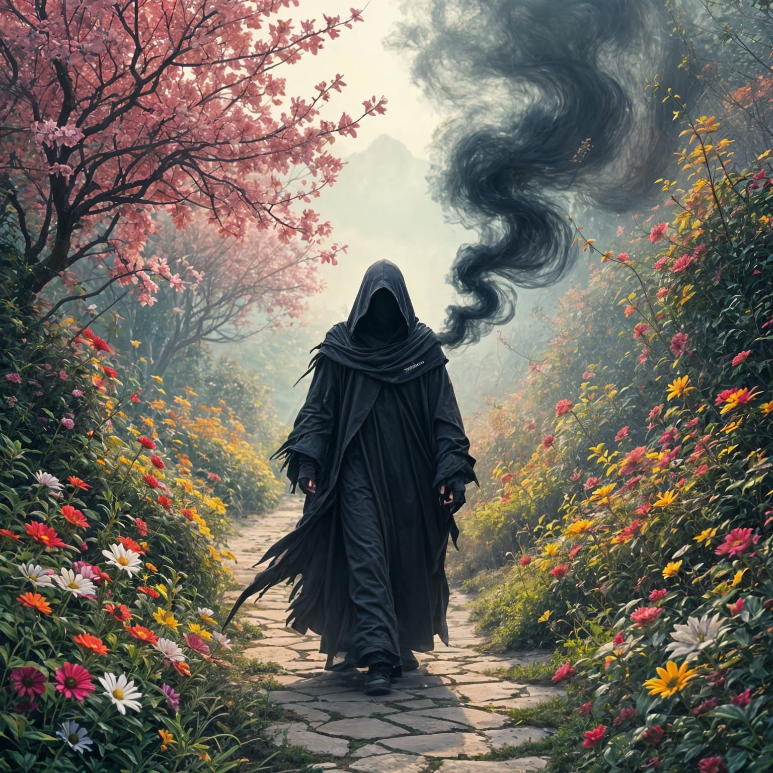 Dark Figure in a Paradise Garden