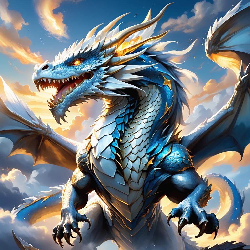 Majestic Dragon Billowing Blue Fire at Sunset