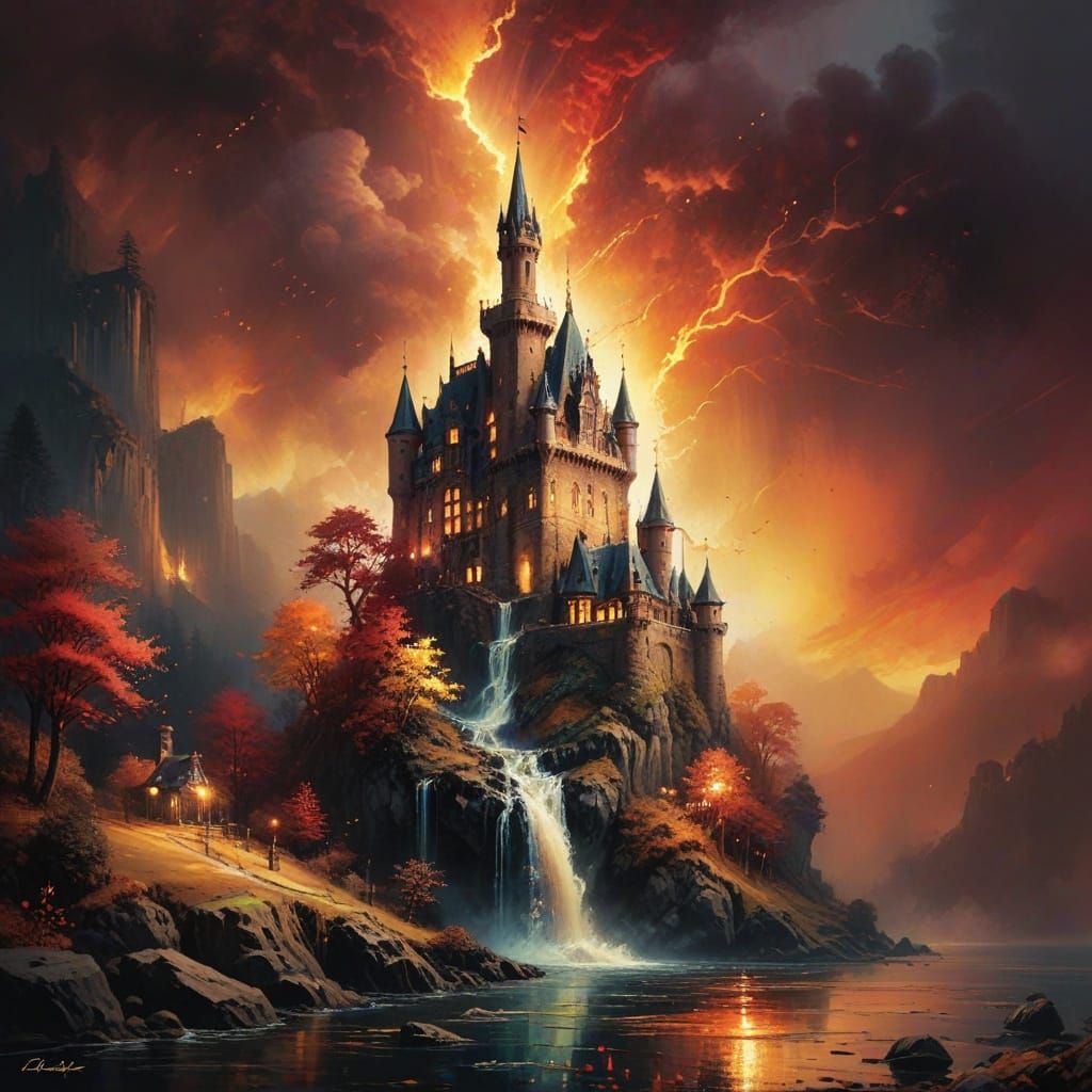Autumn Castle Masterpiece in Vibrant Grunge Palette