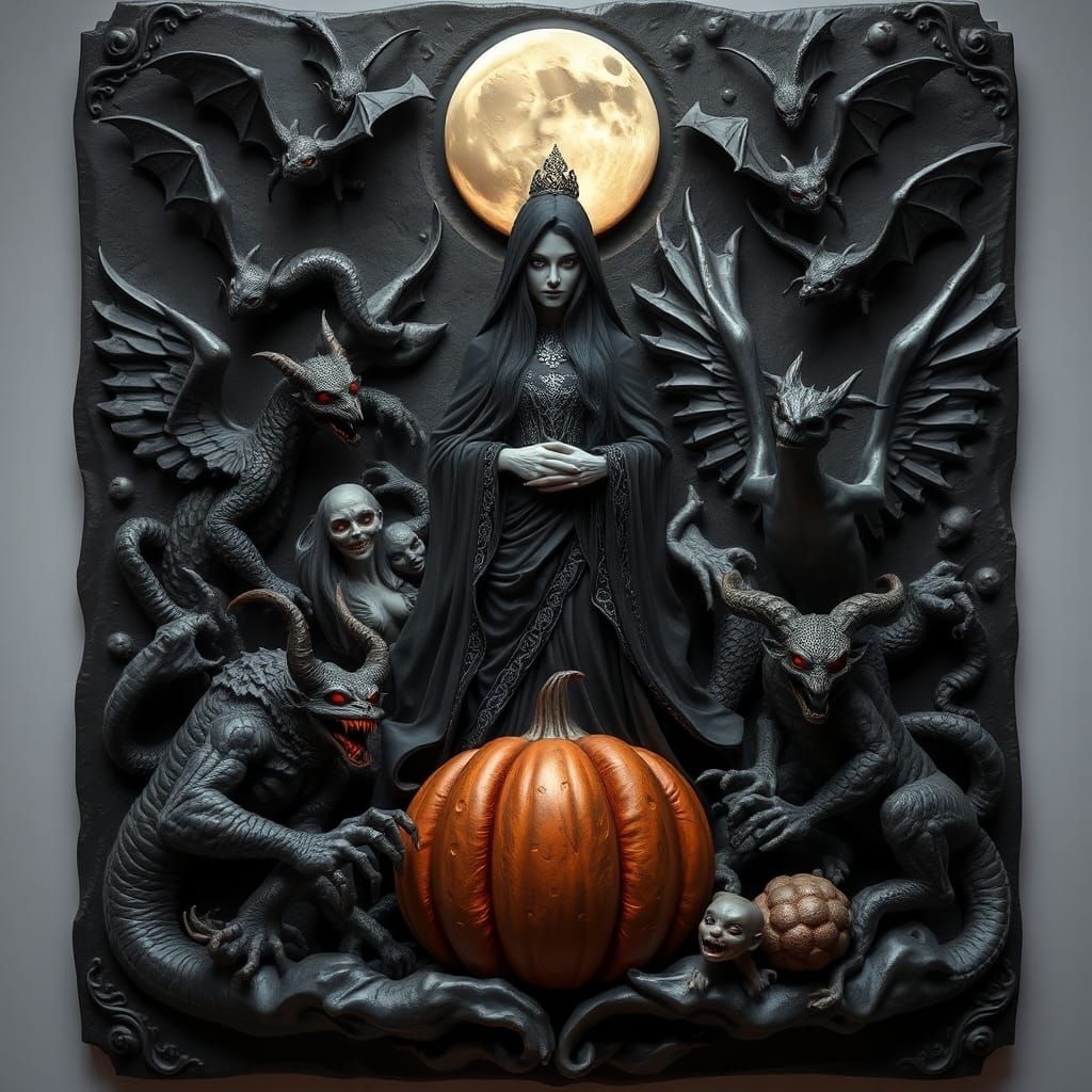 Witch Bas-Relief Sculpture with Mystical Creatures