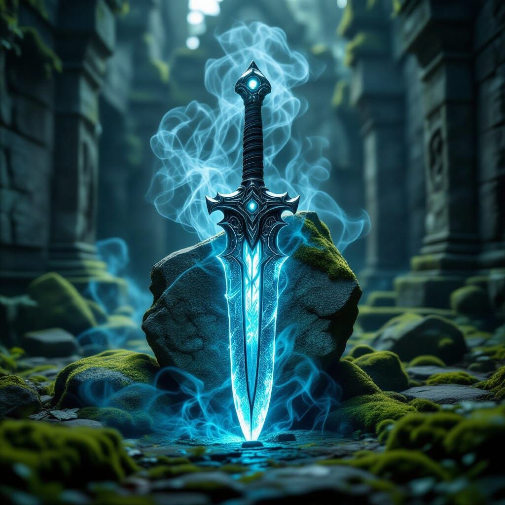 Ethereal Blue Spearhead in Ancient Temple Ruin