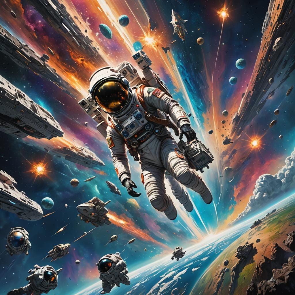 Space ship hovering above the earth with space men in it.