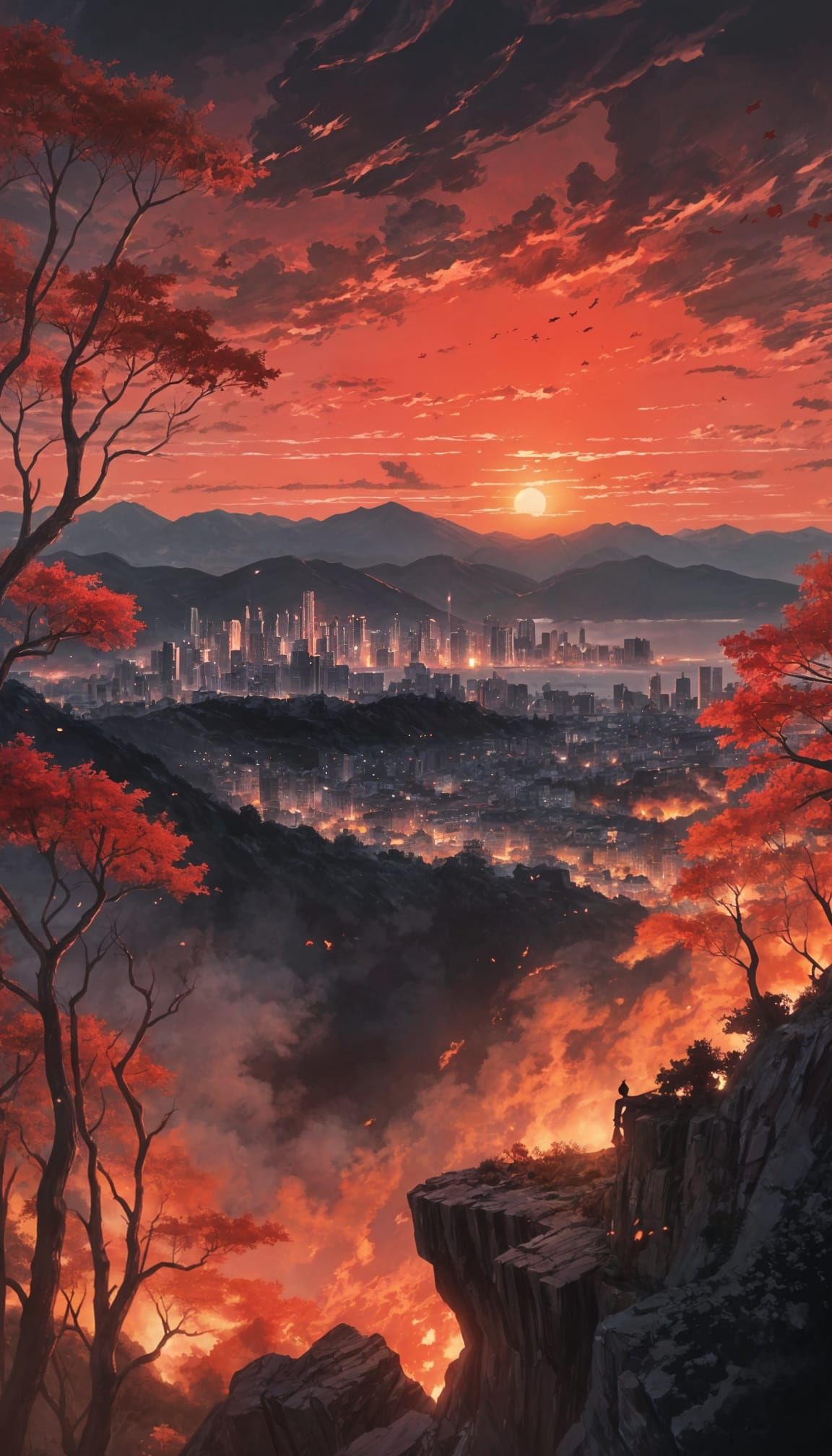 City on Fire in Vintage Anime Style