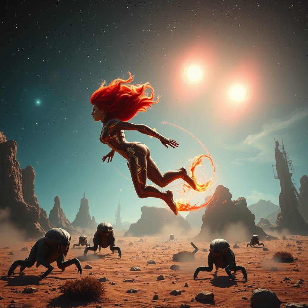 Starfire Escapes Aliens in Hyperrealistic Cosmic Landscape