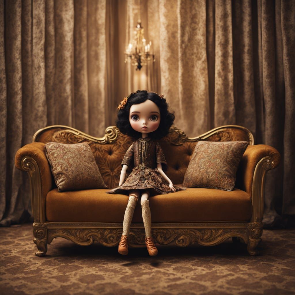 Latina Blythe Doll on Vintage Couch in Film Still