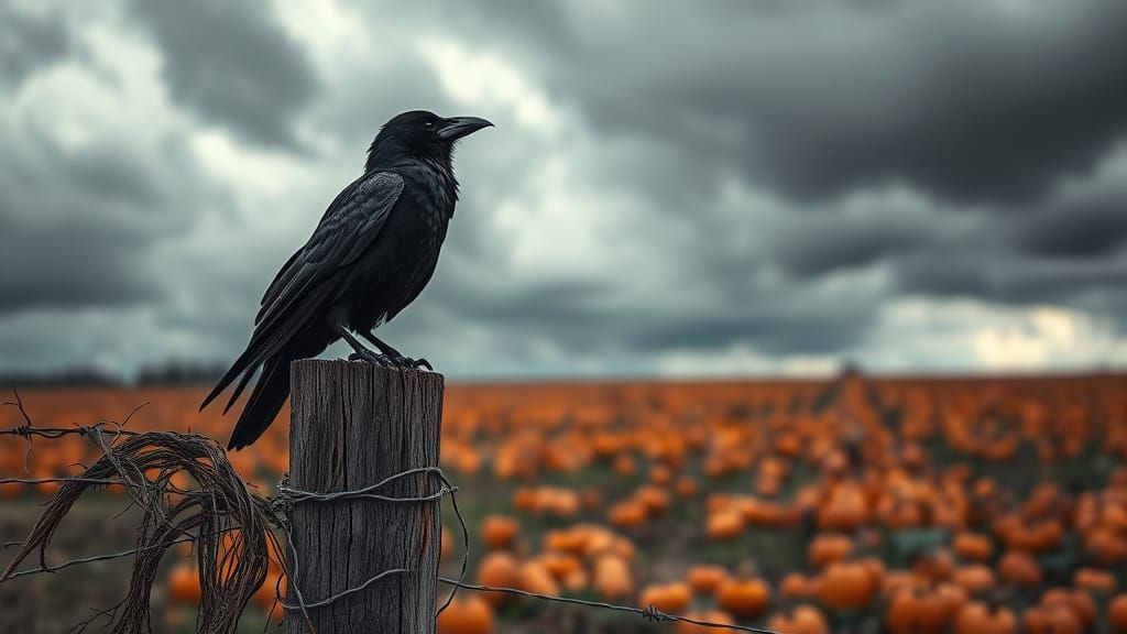 Lone Crow on Fence Post Gazing at Pumpkin Field