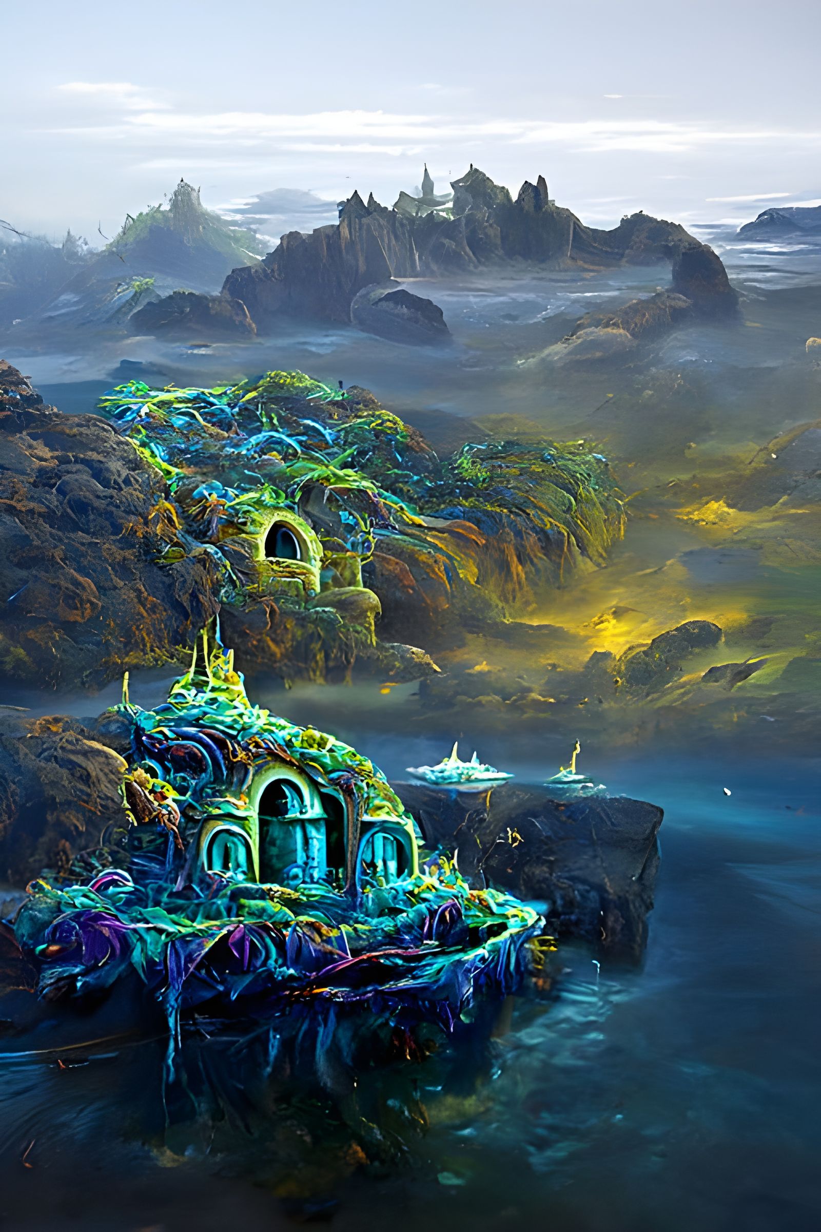 Submarine Finds Shipwreck in Neon Bioluminescent Fantasy Sty...