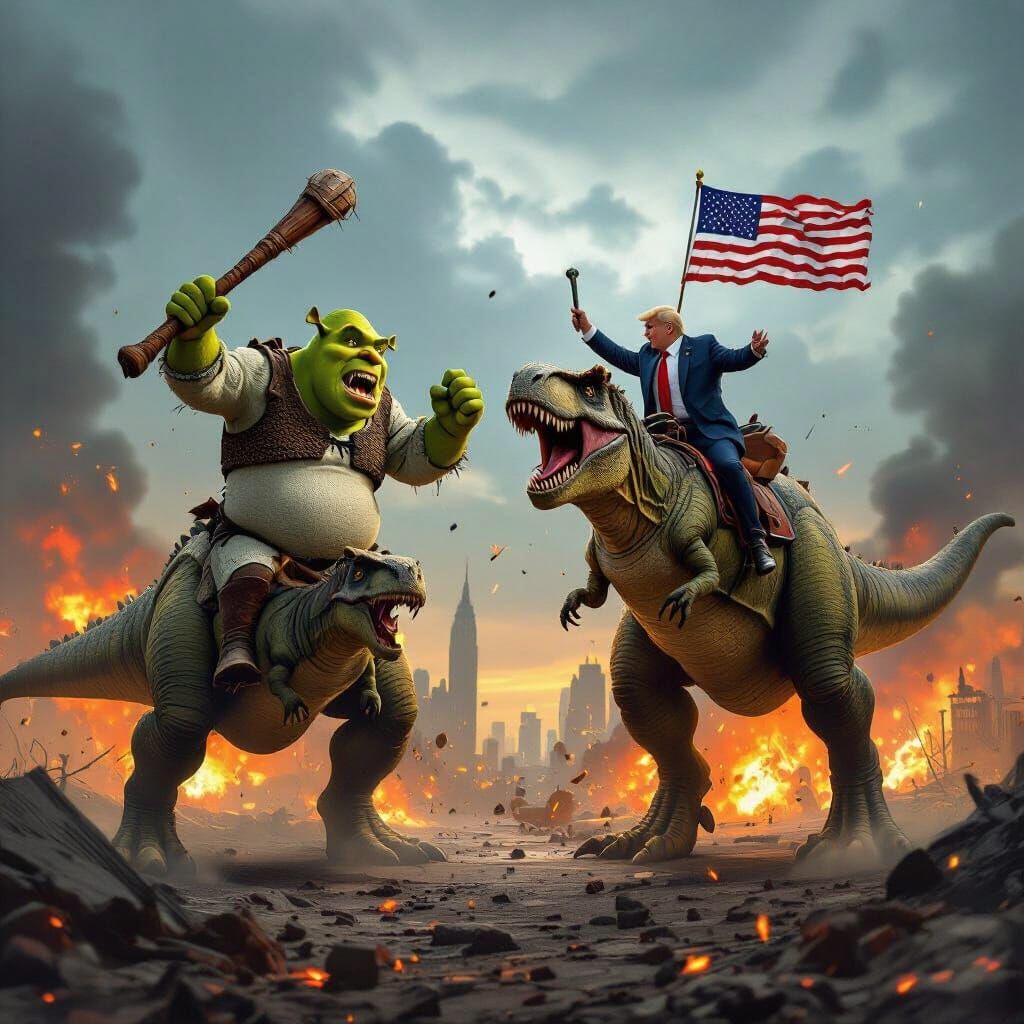 Shrek and President Battle on T-Rex in Apocalypse