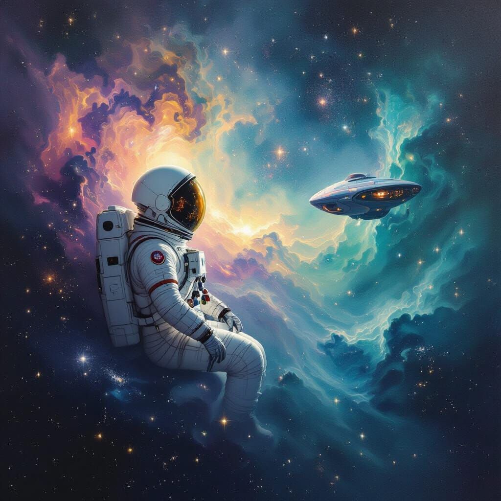 Astronaut Admires Watercolor Nebula in Dreamlike Surrealist ...