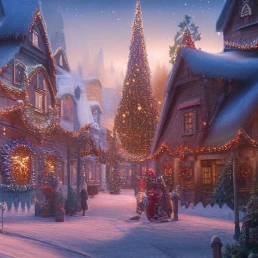 Detailed Christmas Town Matte Painting in Deep Color
