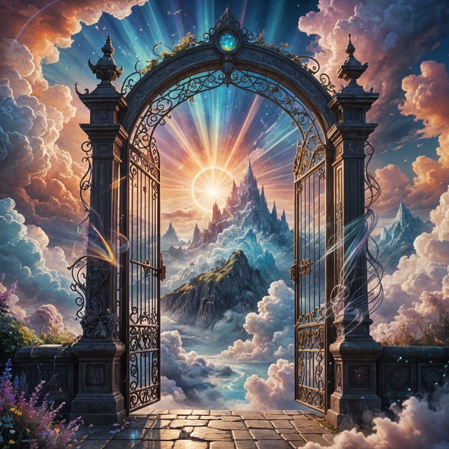 Crystal Gate Reflects Rainbow Colors in Heavenly Realm