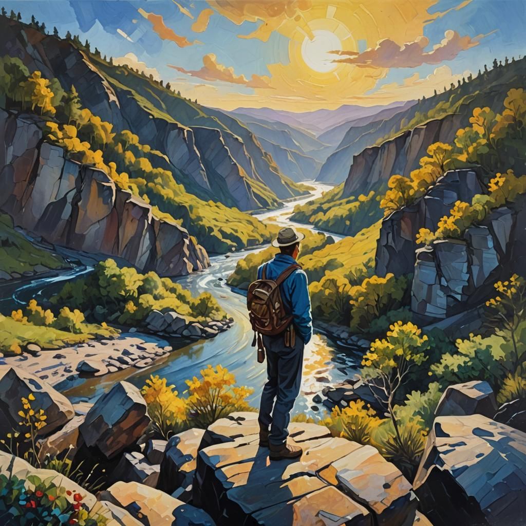 Gouache Masterpiece: Traveler at River's Edge