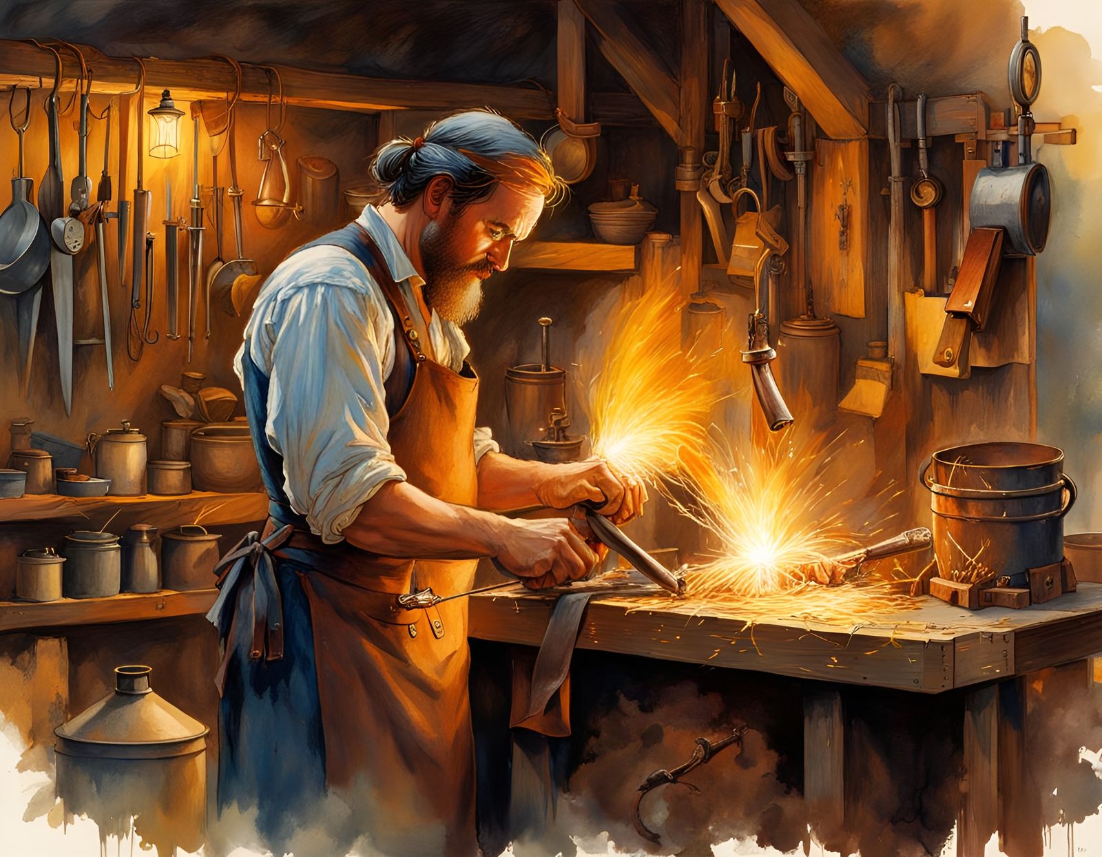 Blacksmith at Work: A Watercolor Folk Art Image