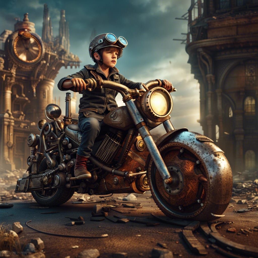 Boy on Steampunk Motorcycle in Apocalyptic Ruins