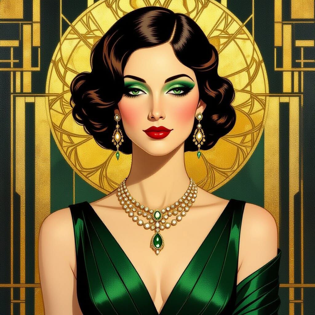 Art Deco Woman in Emerald Dress and Gold Jewelry