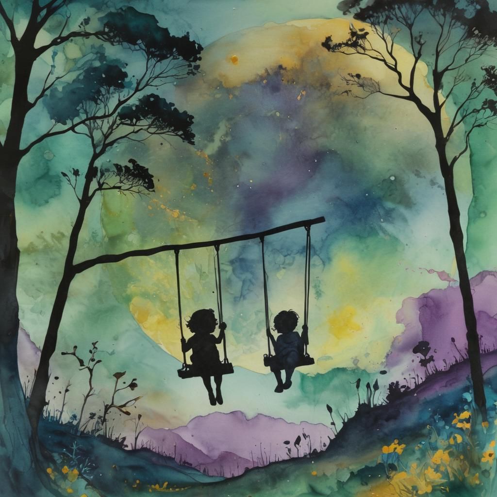 Alcohol Ink and Watercolor Night Scene with Swings