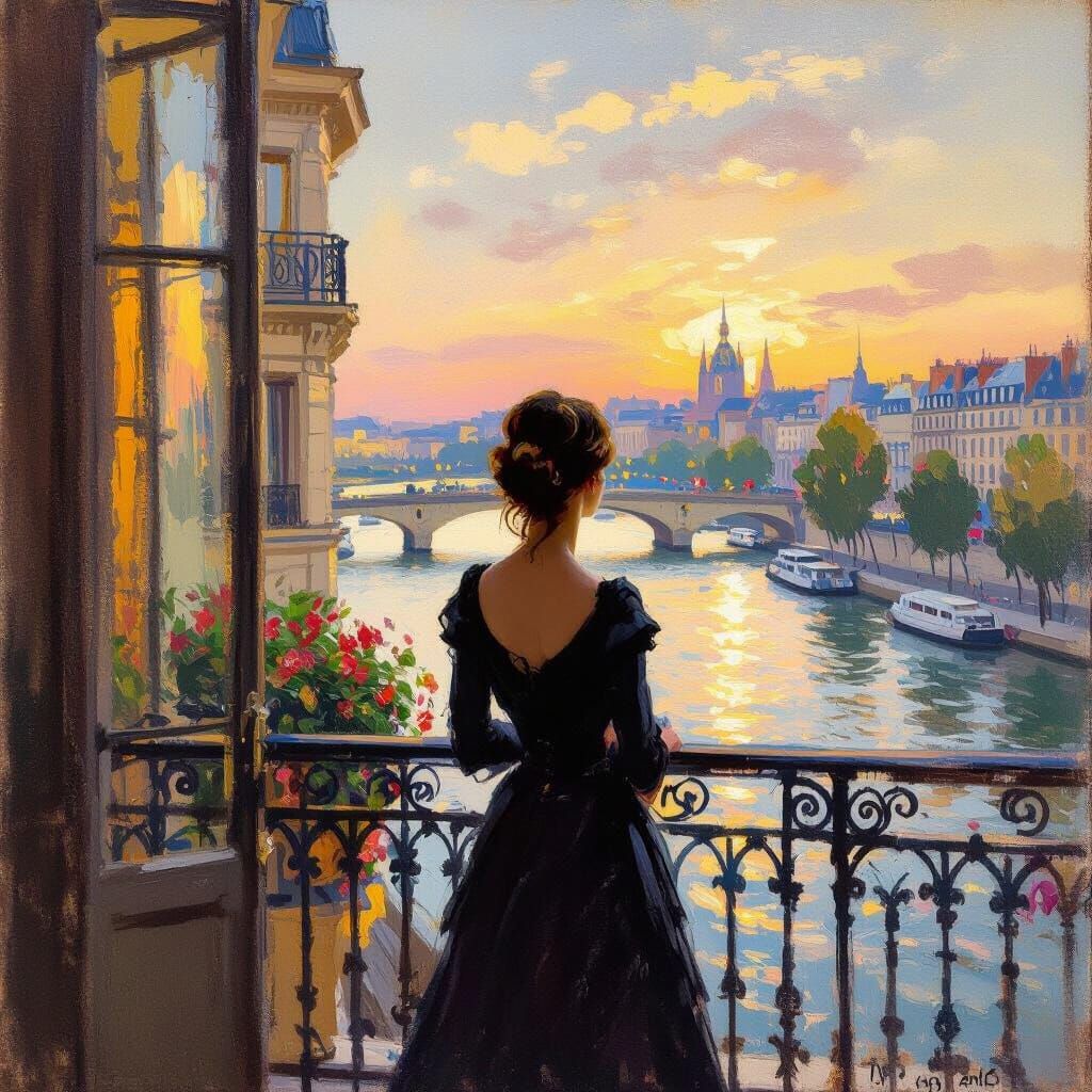 Impressionist Painting of Woman on Parisian Balcony at Golde...