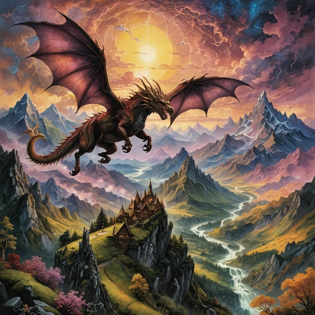 Dragon Flight Over Middle-earth Valley Sunset