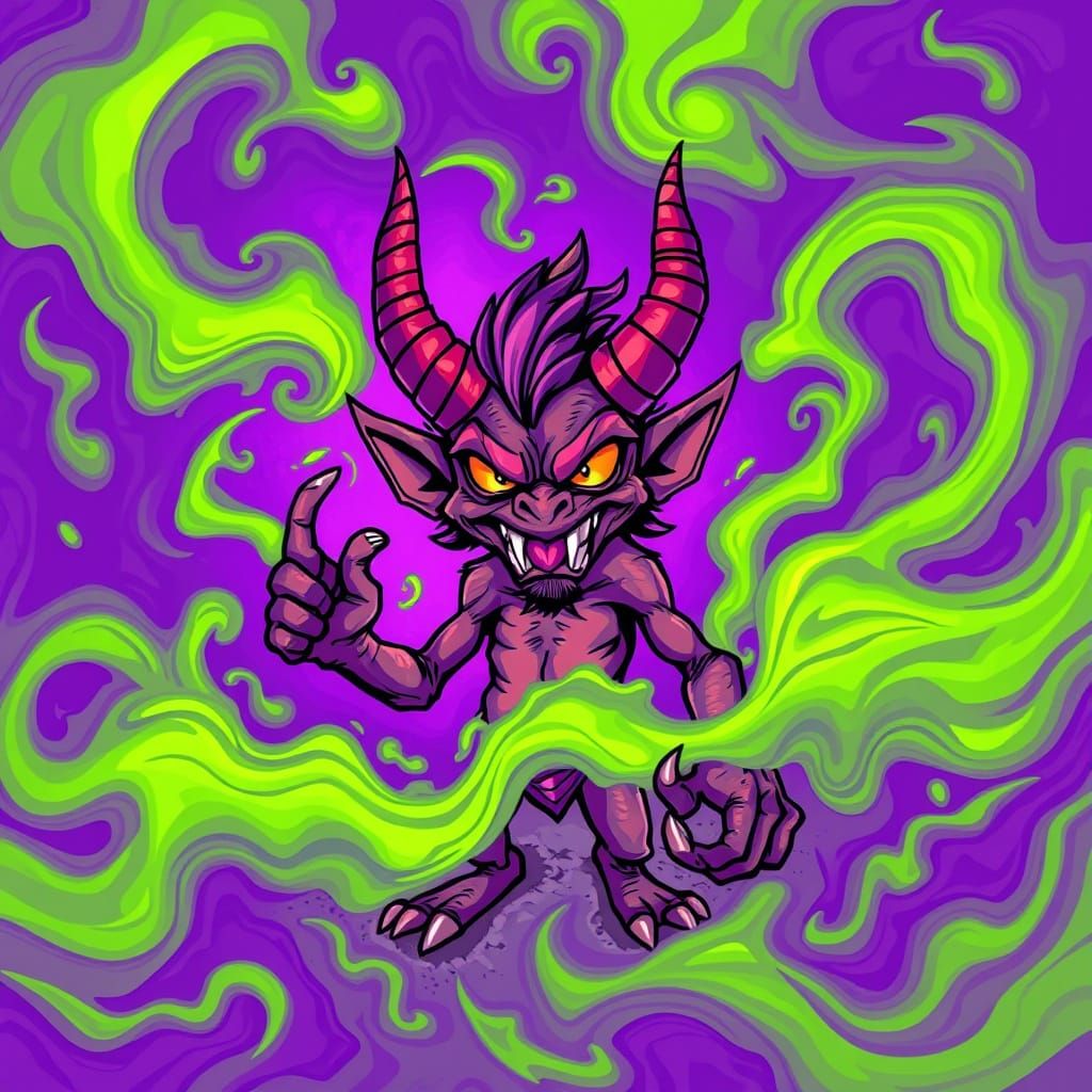 Surreal Demon in Swirly Cannabis Landscape Cartoon