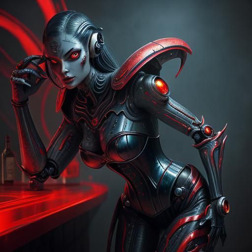 Voluptuous Alien Robot Bartender in Hyperrealistic Style