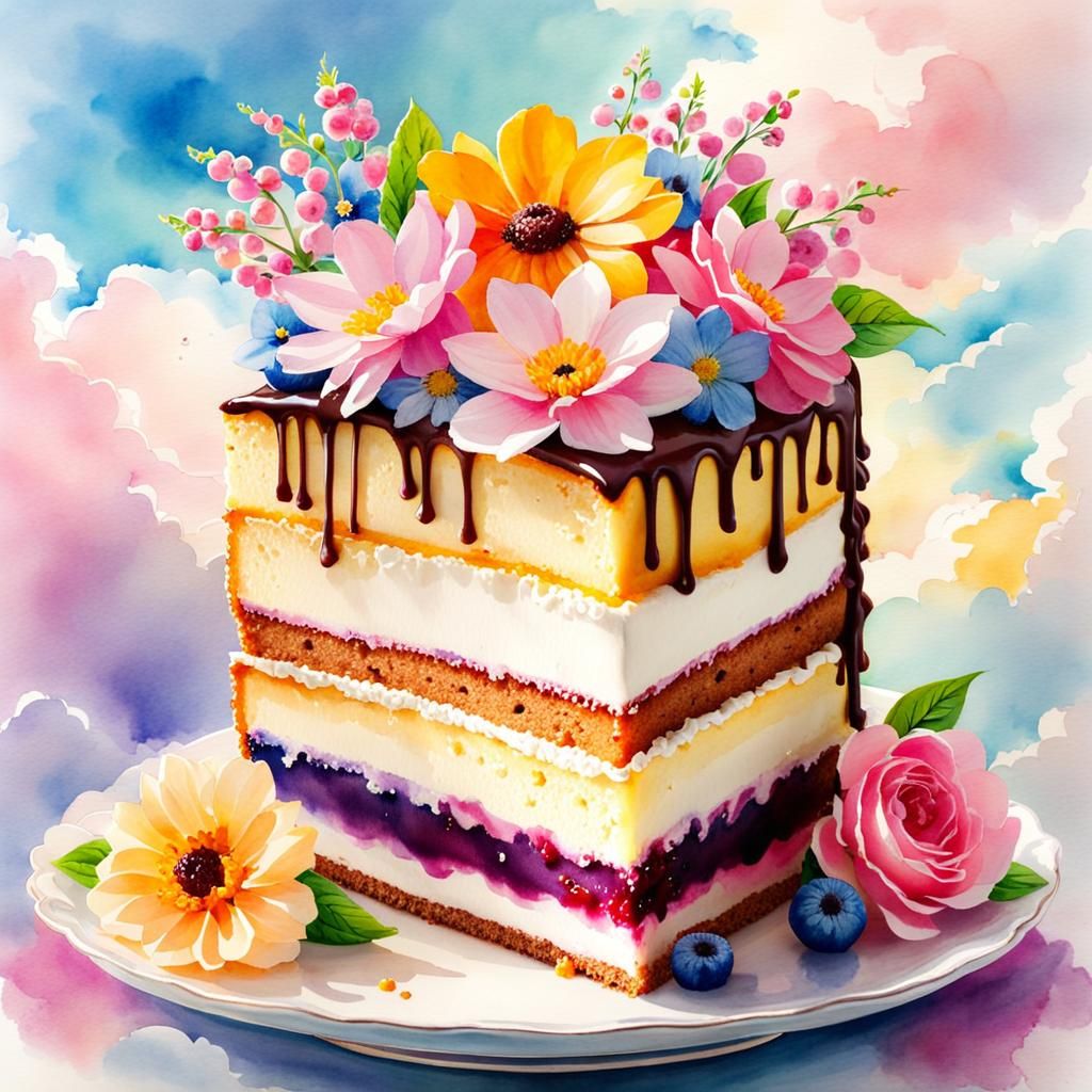 Watercolor Flowers on Cake in Sunshine
