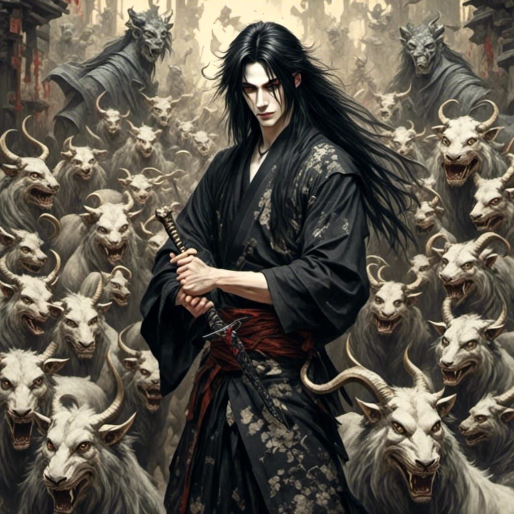 Japanese Warrior Surrounded by Oni Demons Fan Art