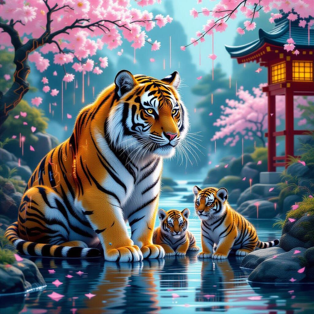 Majestic Tiger Family with Glowing Circuitry in Japanese Gar...