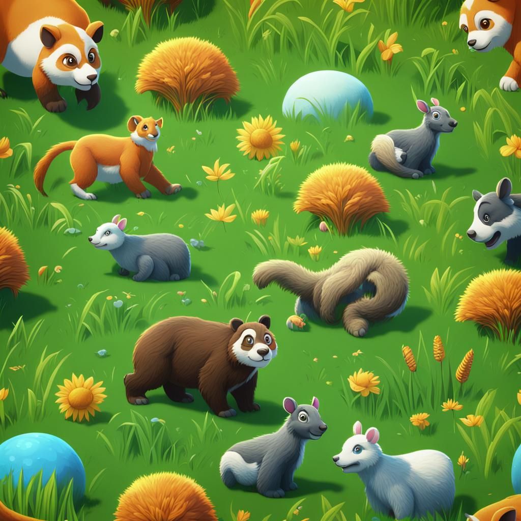 Cute Animals Rolling in Grass, Detailed Matte Painting