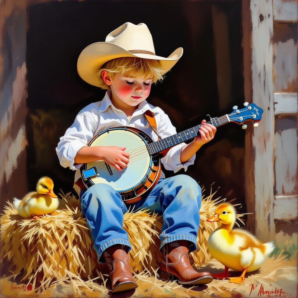 Boy with Banjo: Impressionist Barn Scene