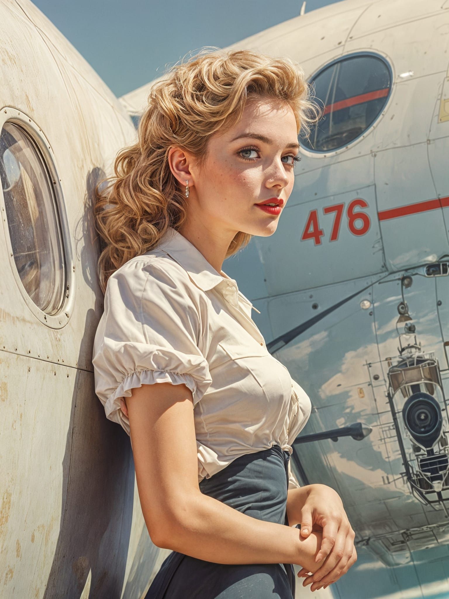Alluring 1950s Stewardess in Enchanting Airfield Setting