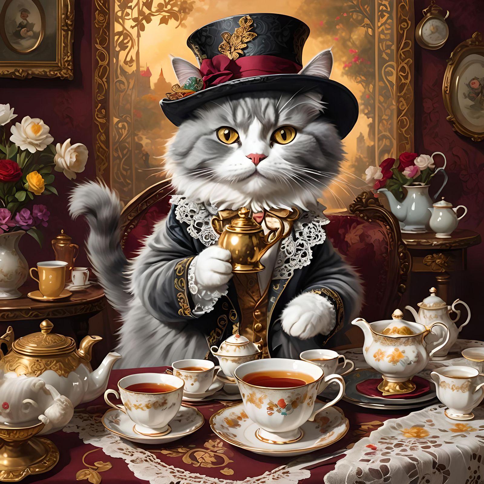 Cat Hosts Tea Party in Victorian Style