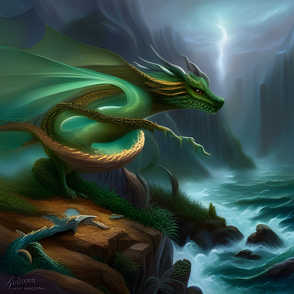 Realistic Green-Eyed Dragon in Ethereal Mist