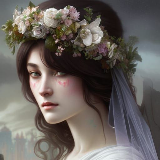 Crying Ghost Bride Haunting Ruined Church in Dark Fantasy St...