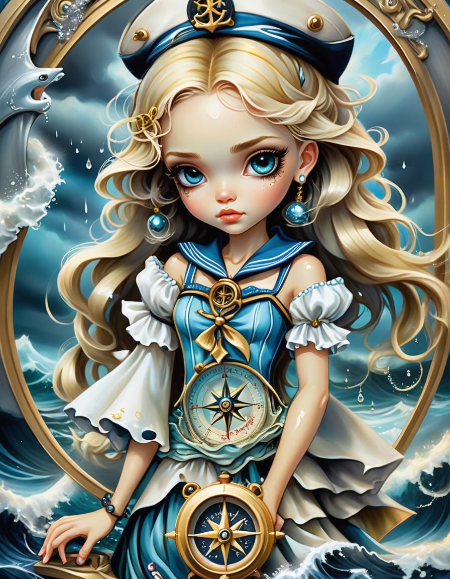 Female Sailor with Compass Heart in Lowbrow Art