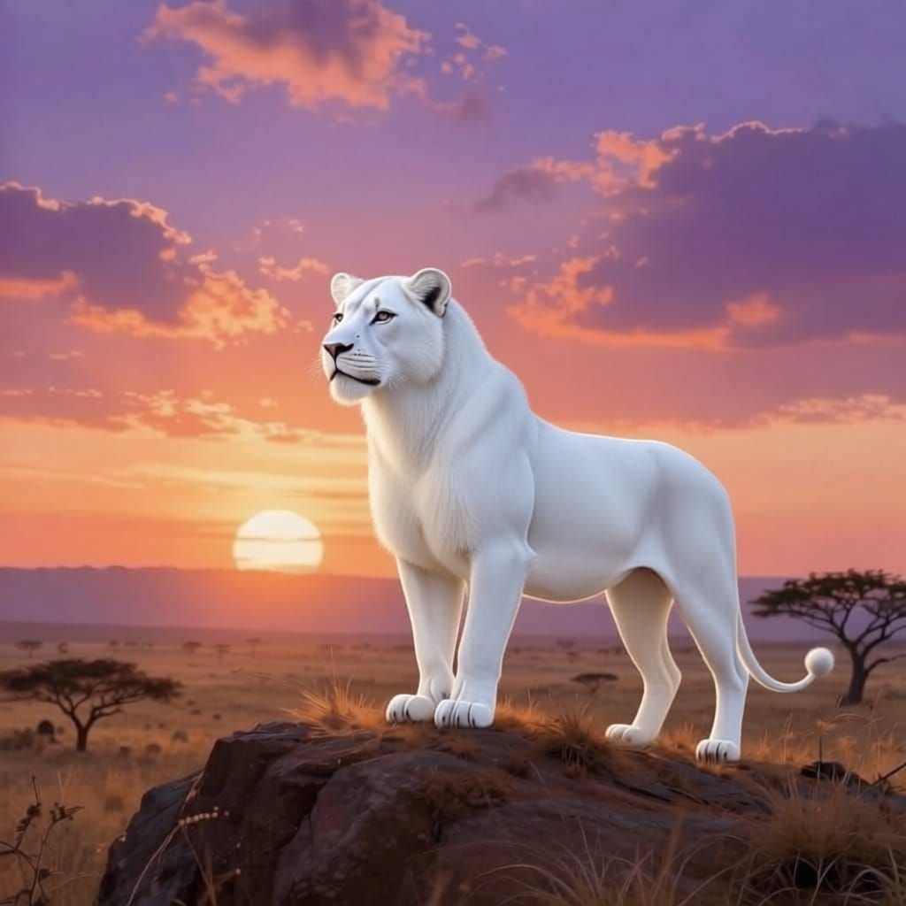 White Lion Surveys Territory at Colorful Sunrise