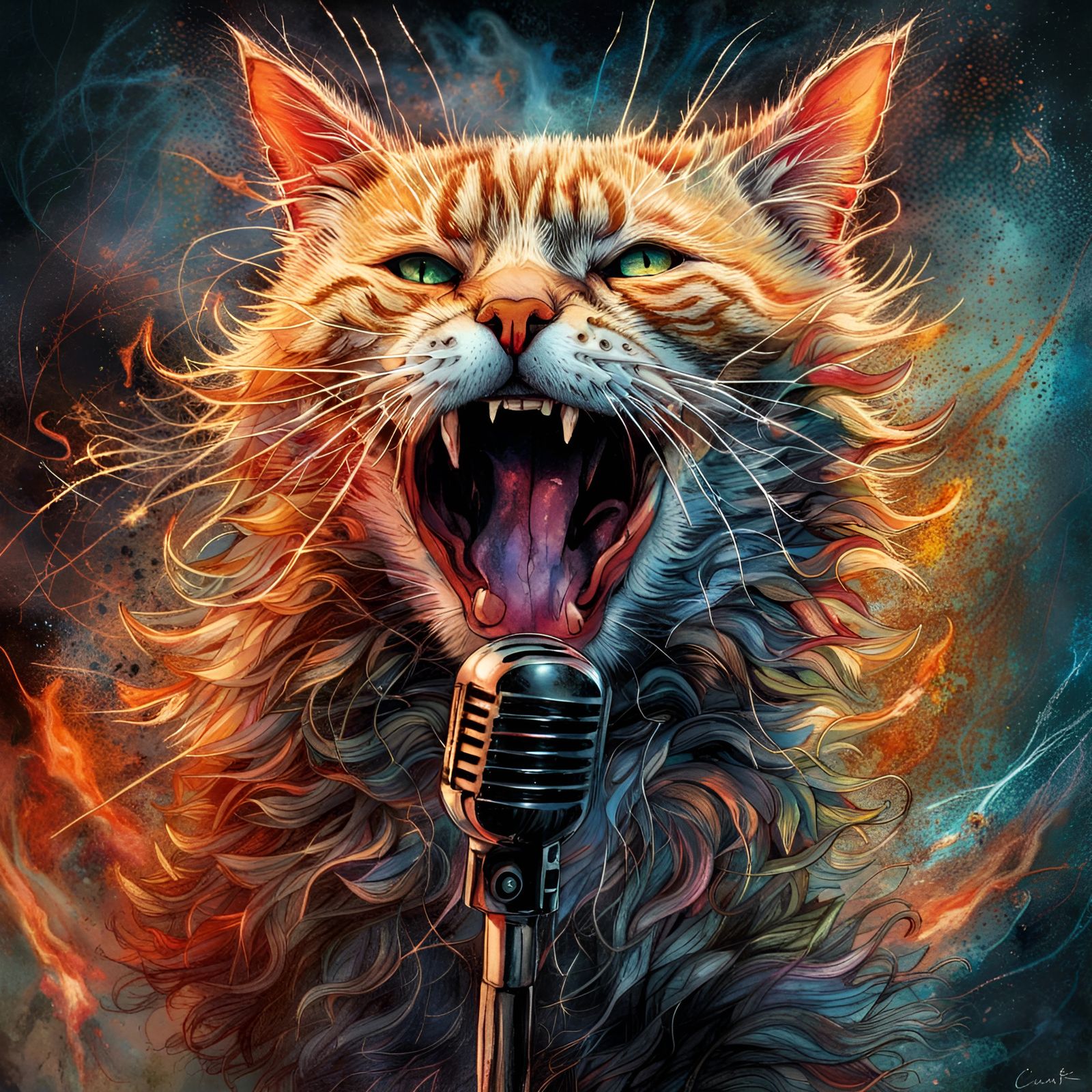 Fiery Cat Singer in Dark Fantasy Style
