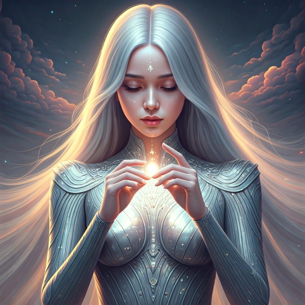 Ethereal Goddess in Silver Suit with Flowing Hair