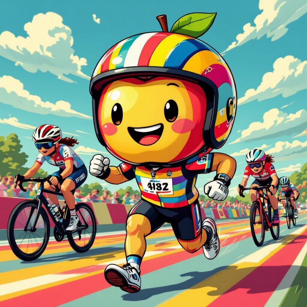 Smiling Apple Athlete Races in Pop Surrealist Style