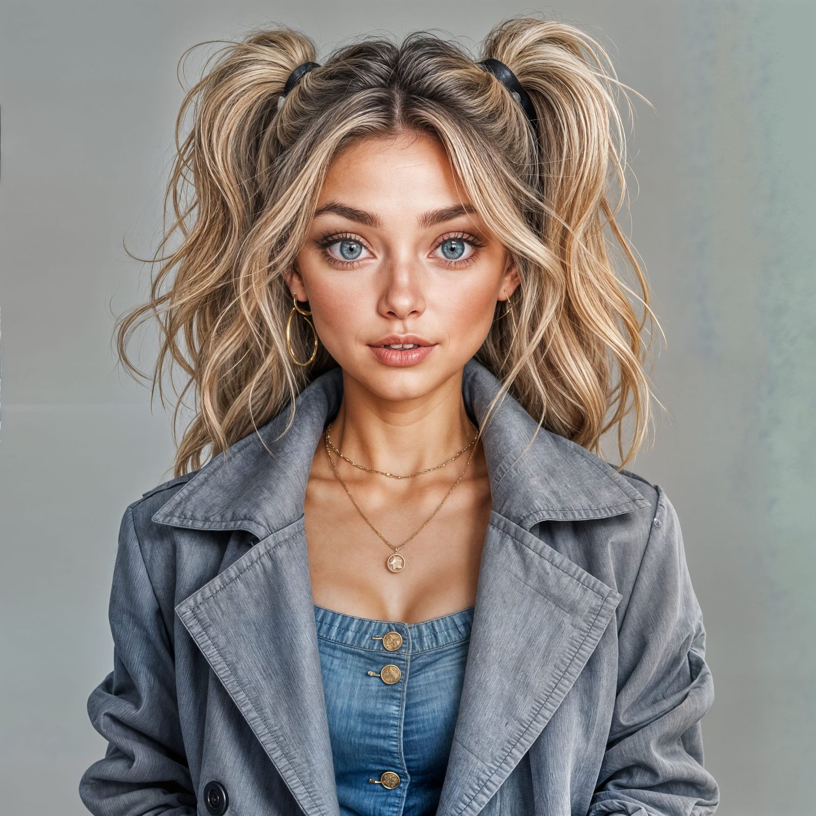 Beautiful Blonde Woman with Blue Eyes in Gray Coat