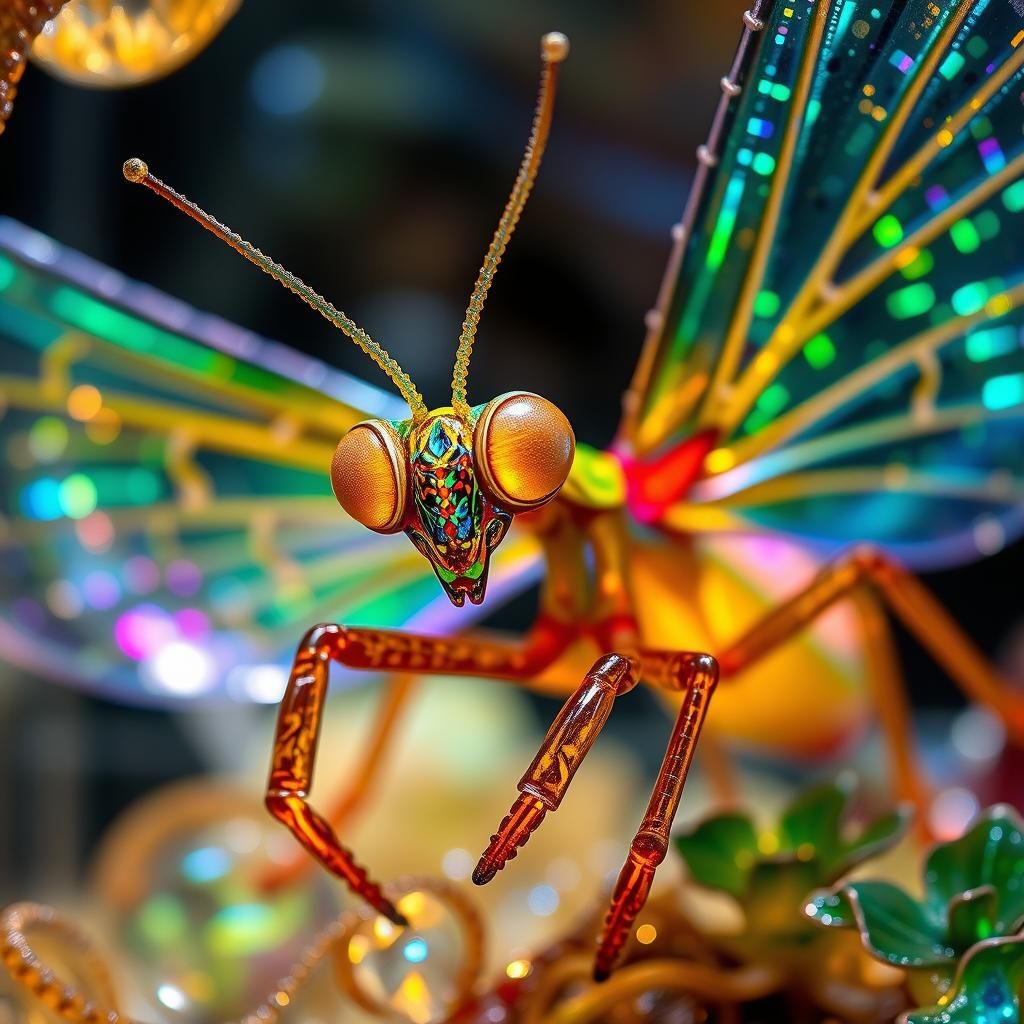 Intricate Dichroic Glass Praying Mantis Art