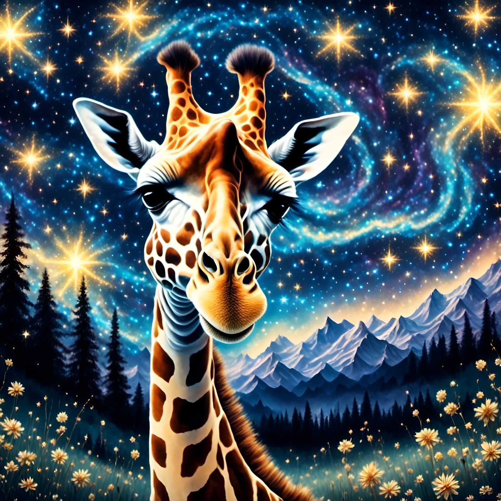Giraffe Gazing at Starry Night Sky