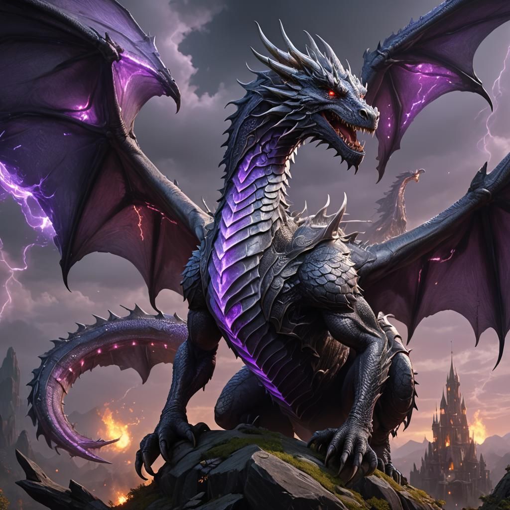 Grey Dragon Emitting Purple Lights, Fantasy Concept Art