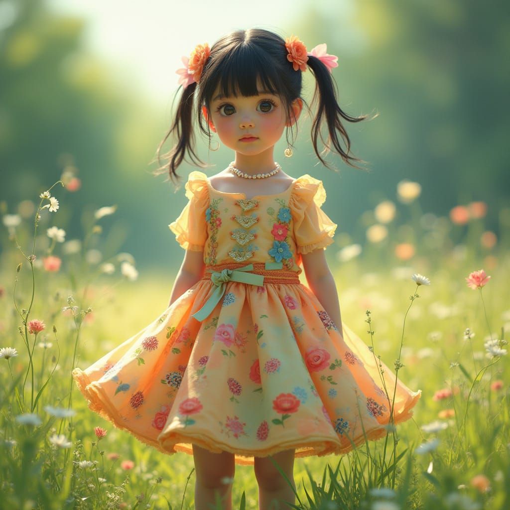 Girl in Meadow, Digital Art in Whimsical Style