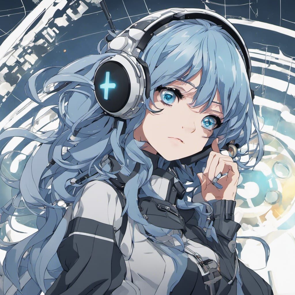 Anime Girl with Blue Hair and Futuristic Monocle