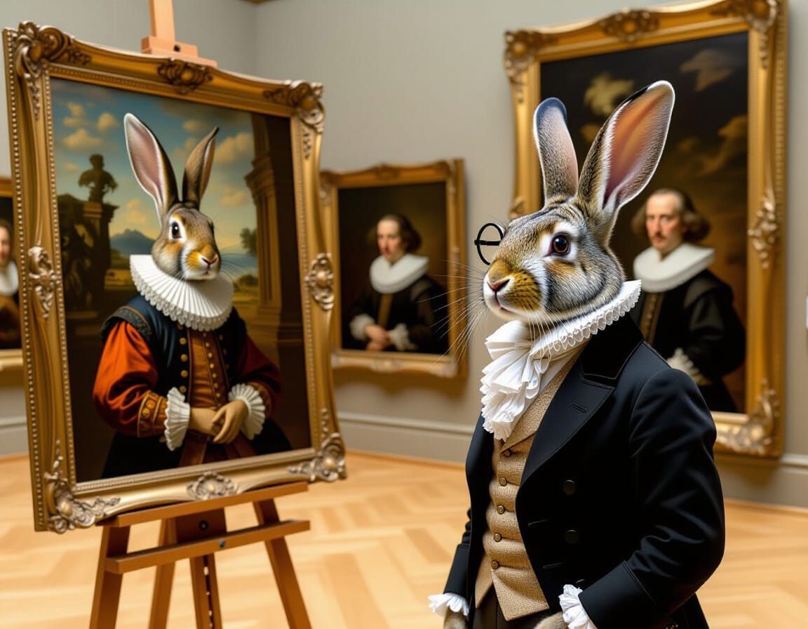 Rabbit Art Critic in Surrealist Gallery, Hyperrealistic Styl...