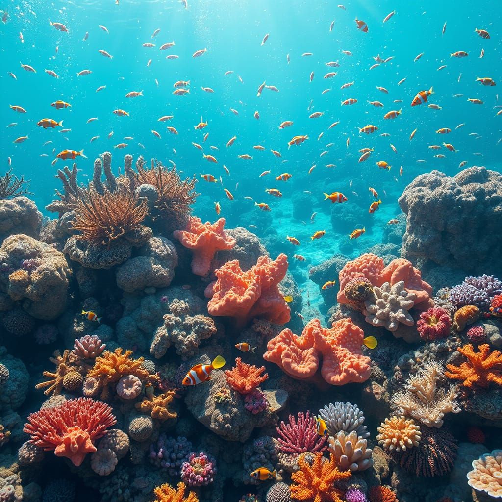 Vibrant Coral Reef with Fractal Patterns and Marine Life